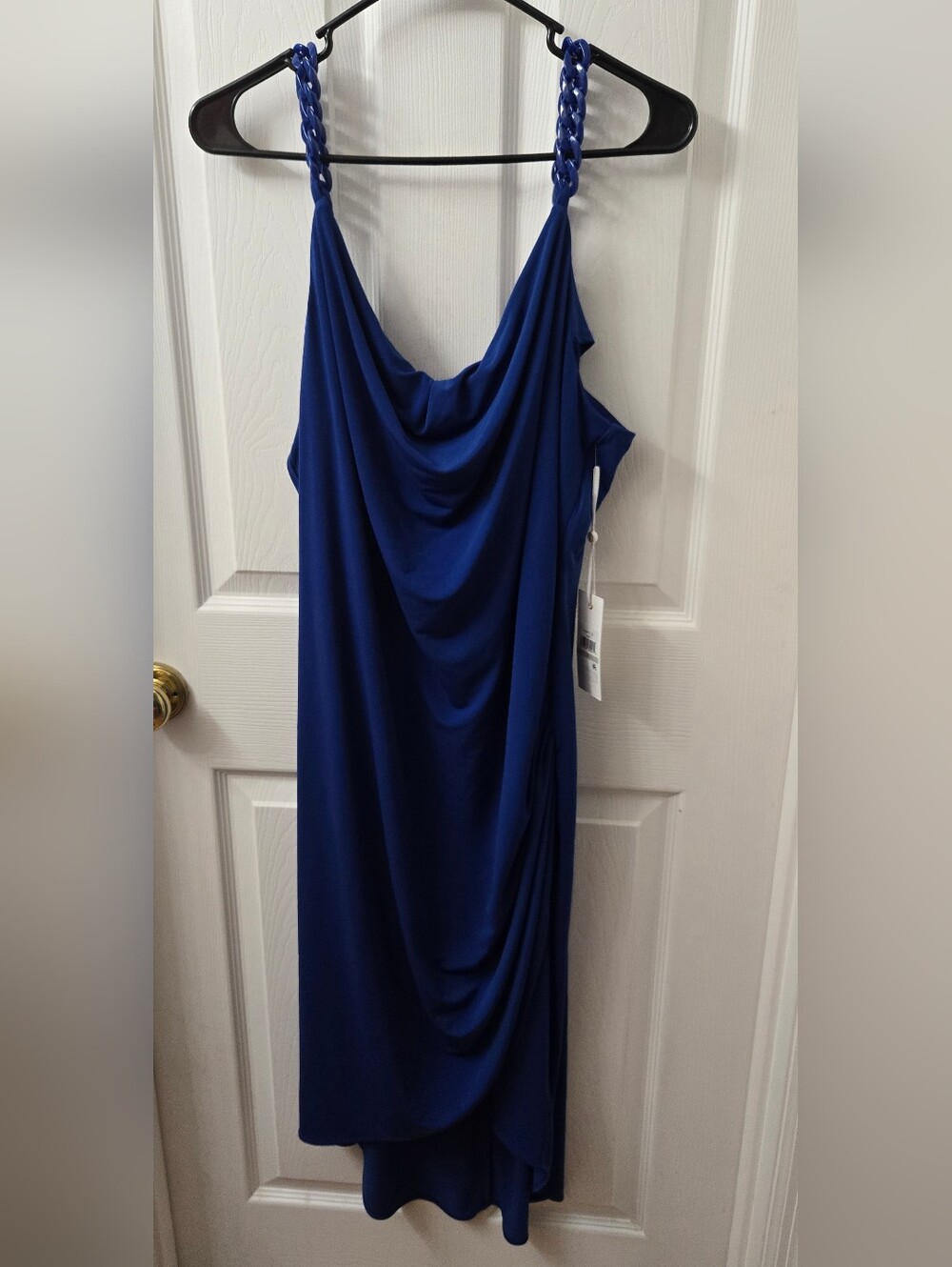 New Sienna Sapphire Blue Draped Midi Slip Dress with Matching Chain Straps